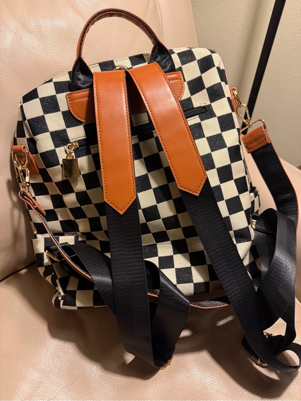 Checkerboard Canvas Backpack with Wristlet - Black & Cream - Picture 2 of 4